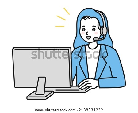 Customer Support. A woman wearing a headset in front of a computer. Concept illustration of a call center.