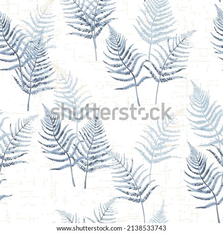 Vector floral seamless pattern with blue fern leaves, dill, chicory flowers and shepherd's purse plant . Thin delicate lines hand drawn silhouettes in pastel colors. 