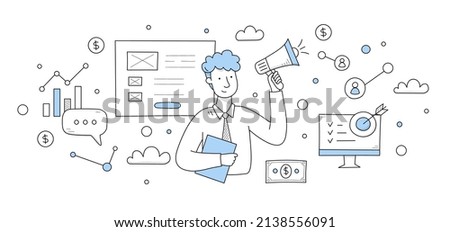 Digital marketing concept with doodle illustration of man with megaphone, website and money. Vector background with symbols of online market strategy and businessman
