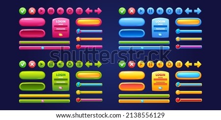 Game design interface with glossy buttons and panels. Vector cartoon set of ui elements different colors, circle buttons with icons, bars, sliders, arrows and login frame Royalty-Free Stock Photo #2138556129