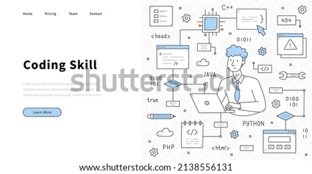 Coding skill doodle landing page. Programmer with laptop develop code, testing program and software for computer or mobile phone. Developer work with java, html, php, script Line art vector web banner
