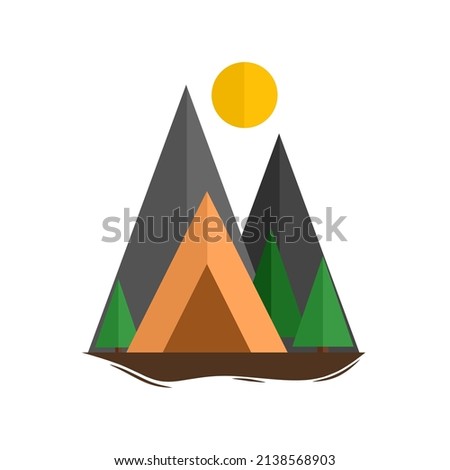 camping tent vector flat illustration in mountain forest