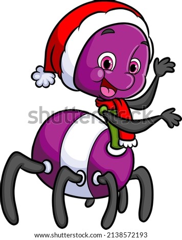 The cute spider is wearing the santa scarf and hat of illustration