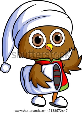 The cute owl is ready for sleep and holding the pillow of illustration