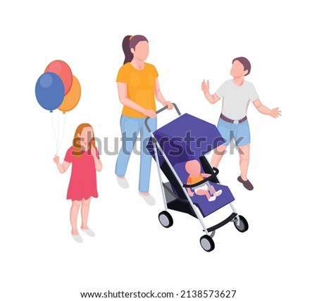 Family holidays isometric composition with characters of mother with baby stroller and kids with balloons vector illustration