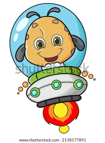 The happy alien is driving the ufo and flying in the space of illustration