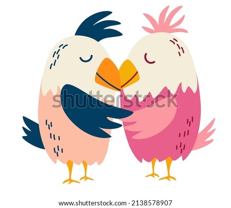Parrots are a couple in love. Cute cartoon lovebird. Exotic birds. Great for children cards, prints and greeting card. Isolated vector clip art illustration.