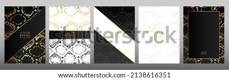 Modern cover design set frame. Luxurious gold and white python print. Abstract snake skin pattern on black background. Collection of vector premium safari print for brochure, template, restaurant menu