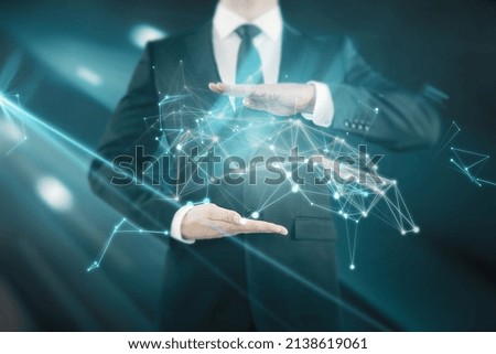 Close up of businessman hands holding abstract creative polygonal network on blurry background. Metaverse, technology and science concept. Double exposure