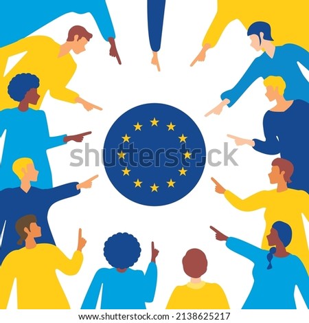 Ukrainian people in flat style blame the European Union. Ukrainian refugees blame European Union. Support Ukraine concept. The guilt of the crisis. Dissatisfied people of Ukraine.Сrisis in europe 2022 Royalty-Free Stock Photo #2138625217