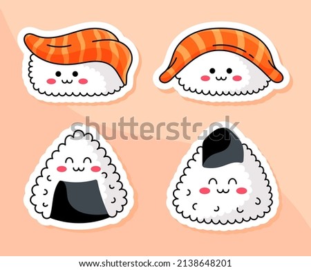A set of kawaii cute baby stickers of sushi, sashimi and maki. Japanese cuisine. Doodle, cartoon. Isolated on a white background.