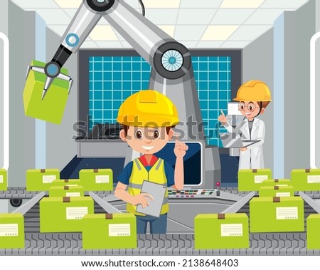 Automation industry concept with assembly line robots illustration