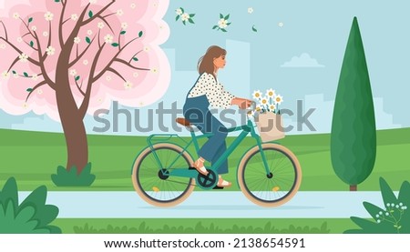 Woman riding bike with flowers in the basket, in the park, on Spring landscape. Vector illustration in flat style, spring coming concept