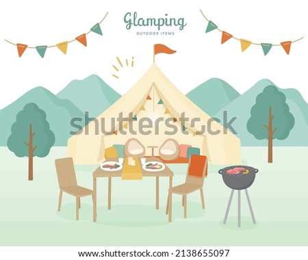 Clip art of glamping scenery.
There are tents, tables, BBQ grills, mountains and trees.
It is a flat design.