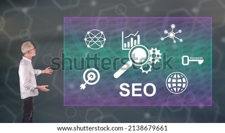 Businessman showing a seo concept on a wall screen
