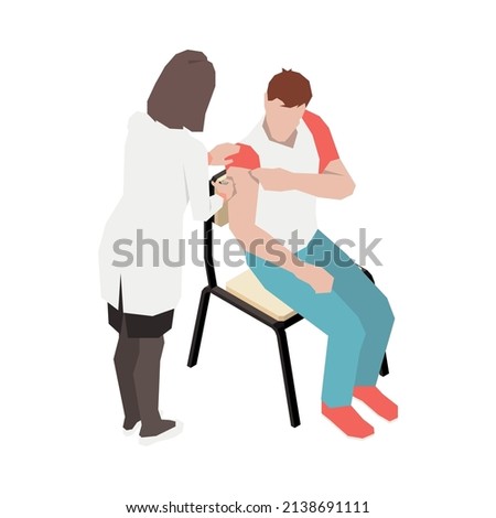 Vaccination isometric composition with characters of doctor giving jab to adult man on chair vector illustration