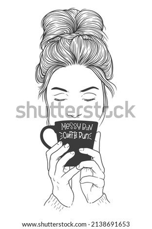Women with messy bun hairstyles with two hands holding a cup of coffee. Black and white vector line art illustration
