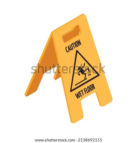 Professional cleaning service isometric composition with isolated image of plastic barrier with caution sign on blank background vector illustration