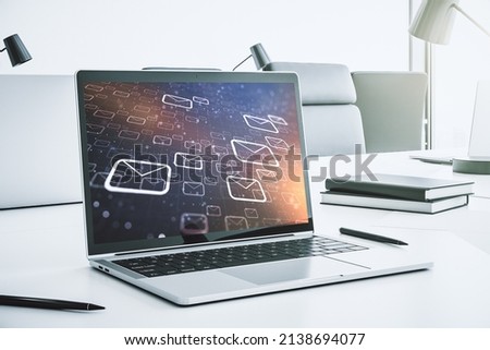 Creative concept of postal envelopes illustration on modern laptop screen. Email and communications concept. 3D Rendering