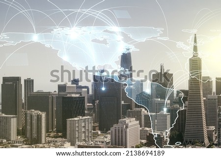 Double exposure of abstract digital world map hologram with connections on San Francisco office buildings background, big data and blockchain concept