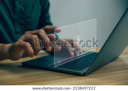 Businessman hands using laptop for streaming online, watching video on internet.