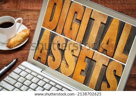 digital assets word abstract in vintage letterpress wood type on a laptop screen, information, business and technology concept.