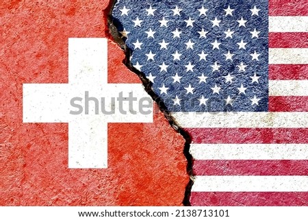Grunge Switzerland vs USA national flags isolated on weathered cracked wall background, abstract Swiss US politics economy relationship friendship divided conflicts concept texture wallpaper