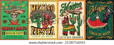 Mexican celebration colorful vintage posters set with calavera skull above crossed chili peppers, cactus and chili pepper in sombrero hats playing musical instrument, pinata, dead woman dancing to Royalty-Free Stock Photo #2138716043