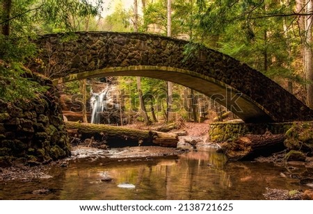 Stone arch bridge in the forest. Old arched bridge over forest river stream. River bridge in forest. Arched stone bridge Royalty-Free Stock Photo #2138721625