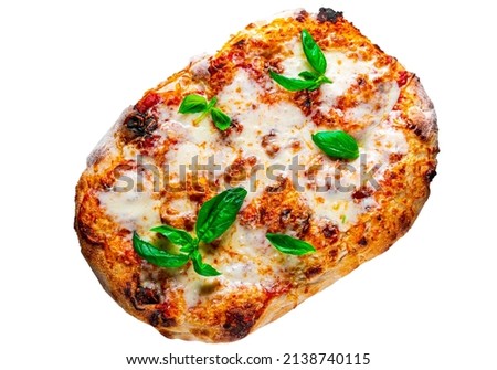 flatbread Pizza with Mozzarella cheese, Tomatoes, pepper, Spices and Fresh Basil. Italian pizza. Pizza Margherita or Margarita isolated on white background Royalty-Free Stock Photo #2138740115