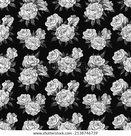 Monochrome seamless vector pattern of roses. Decoration print for wrapping, wallpaper, fabric, textile. Design for birthday, wedding, Valentine's Day, Mother's day, Women's Day and other holiday.