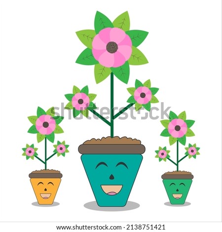 Magnolia flower in a smiling plant pot. Flat cartoon style. Vector illustration