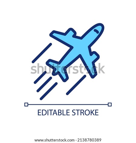 Plane pixel perfect RGB color icon. Commercial flight. Jet engine. Landing and departure. Isolated vector illustration. Simple filled line drawing. Editable stroke. Arial font used