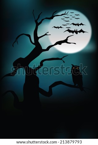 Halloween illustration owl on moon background. Vector art eps10