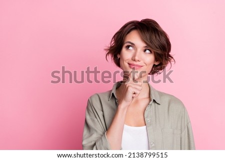 photo of minded lady touch hand chin look empty space choose intelligent choice isolated pastel color background Royalty-Free Stock Photo #2138799515