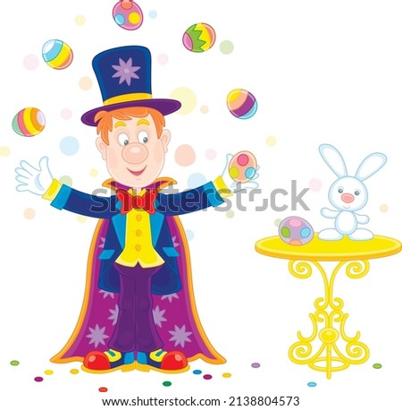 Funny circus magician illusionist with his mysterious hat and a magic cloak conjuring tricks with flying colorfully decorated Easter eggs, vector cartoon illustration isolated on a white background