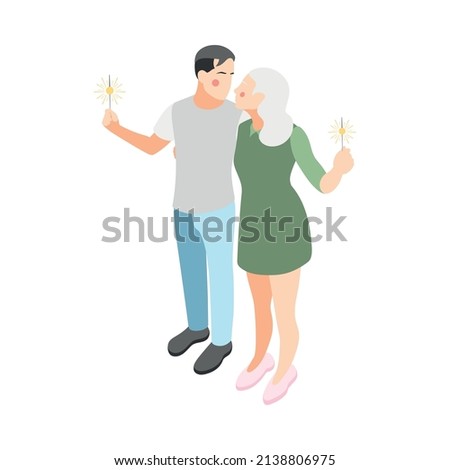 Different couples isometric composition with isolated view of loving couple hugging holding firecrackers vector illustration