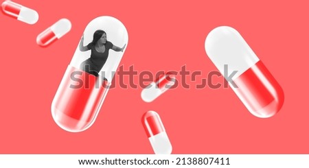 Contemporary art collage. Depressed woman trying to get off the pill isolated over red background. Fighting against addiction. Concept of health care, medical treatment, mental problems.