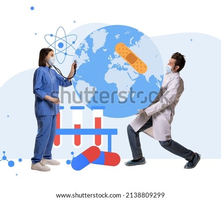 Contemporary art collage. Doctors working on developing special pills for virus treatment. Saving earth for disease. Laboratory workers, pharmacy. Concept of profession, artwork, healthcare, ad