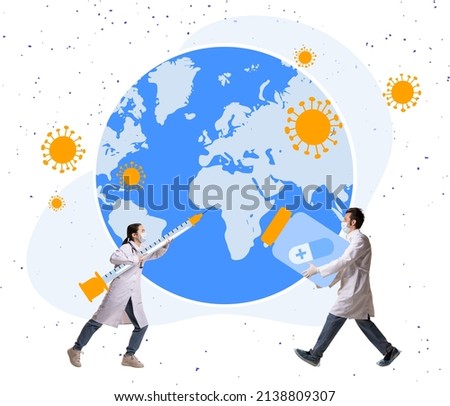 Contemporary art collage. Doctor and nurse working together, rescuing world from dangerous disease. Worldwide medical treatment. Concept of profession, artwork, safety, pandemic times, ad