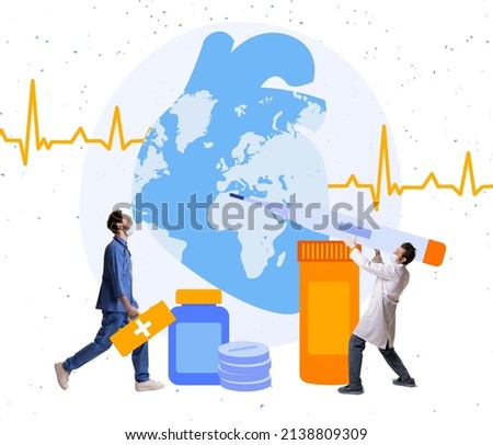 Contemporary art collage. Doctors, men looking on lungs and heart cardiogram, giving special medical treatment. Prescribing pills. Concept of profession, artwork, pharmacy, medicine, healthcare