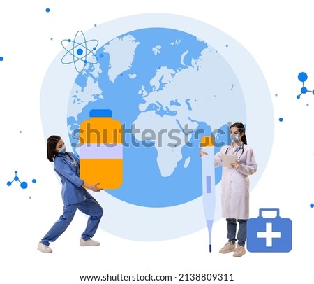 Creative design. Two girls, doctors working, fighting against illness with special medical treatment. Worldwide disease. Concept of profession, artwork, modern problems, medicine, health, ad