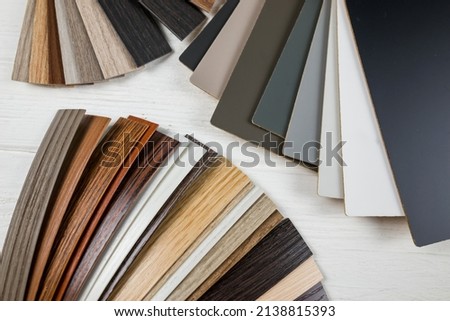 Sampler furniture material for design or decorating interior. Wood color catalog as texture or pattern. Floor plank for industry