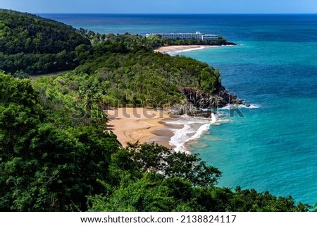 Beach Grande Bas Vent and Plage de Tillet, Basse-Terre, Guadeloupe, Lesser Antilles, Caribbean.
Plage de Tillet in the foreground, Beach Grande Bas Vent in the background.