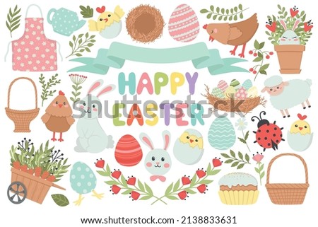Set of cute Easter cartoon characters and design elements. Colored eggs, rabbits and chickens. Vector illustration Easy to change color.