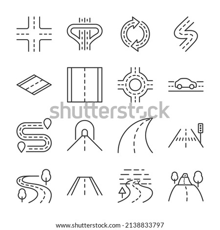 Roads icons set. Road forks icon. Road sections of different shapes. Line with editable stroke Royalty-Free Stock Photo #2138833797