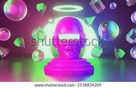 metaverse vr simulation gaming cyberpunk style, digital robot, 3d illustration rendering, virtual reality 