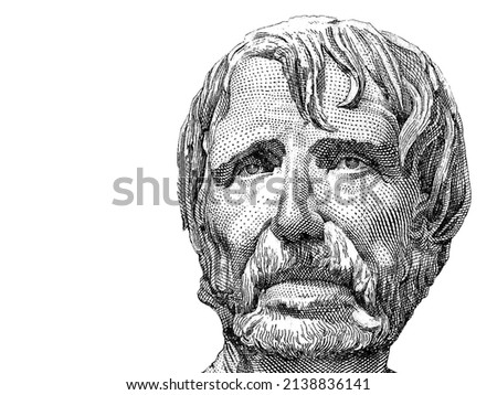 Seneca. Lucius Aneu Seneca. Portrait of a 1947 five pesetas banknote from Spain. Famous lawyer, writer and intellectual of the Roman Empire. Vector illustration.