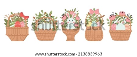 Set of cute Easter design elements. Basket with flowers and Easter eggs. Vector illustration. Easy to change color.