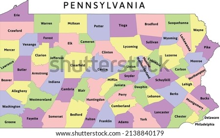 Pennsylvana  state administrative map with counties. Clored. Vectored. Yellow, green, blue, pink, violet Royalty-Free Stock Photo #2138840179